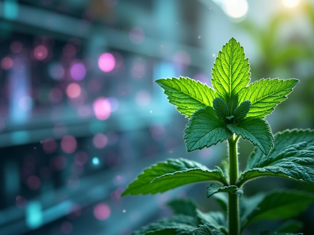 Abstrakcyjna wizualizacja połączenia technologii AI z liśćmi ziół w nowoczesnym laboratorium