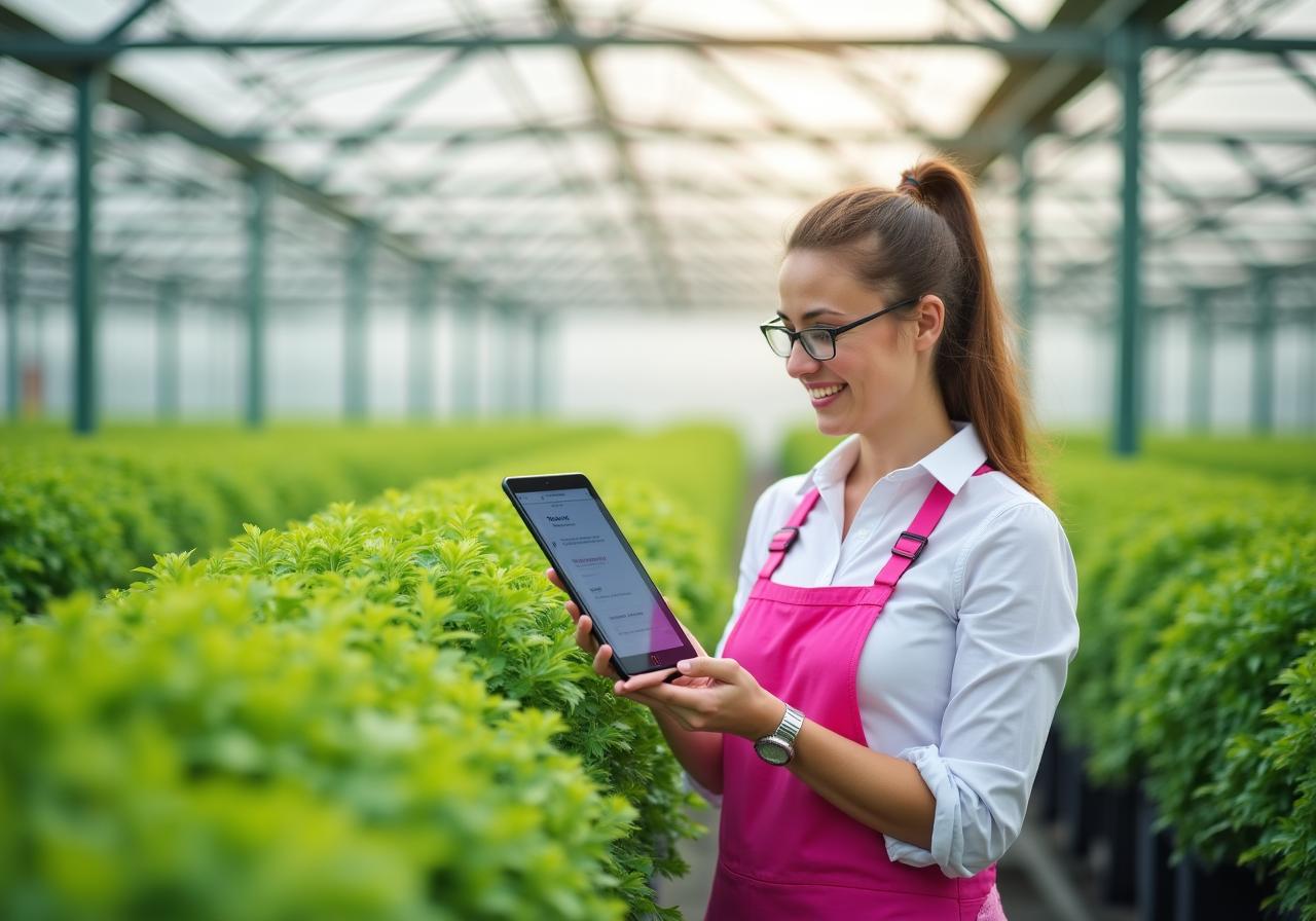 Rolnik korzystający z tabletu na polu ziół z nałożoną warstwą danych AI